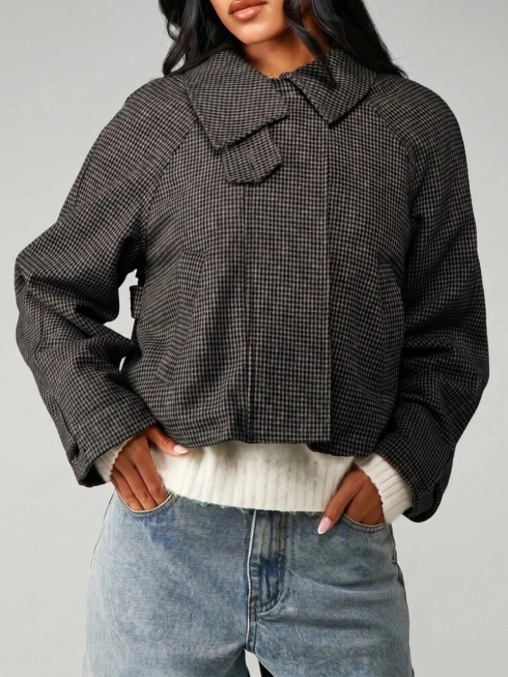 Gray Houndstooth Cropped Jacket with Collar Tab